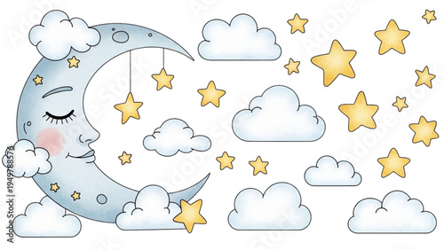 A smiling moon sleeps peacefully surrounded by fluffy clouds and twinkling stars in a serene night sky.