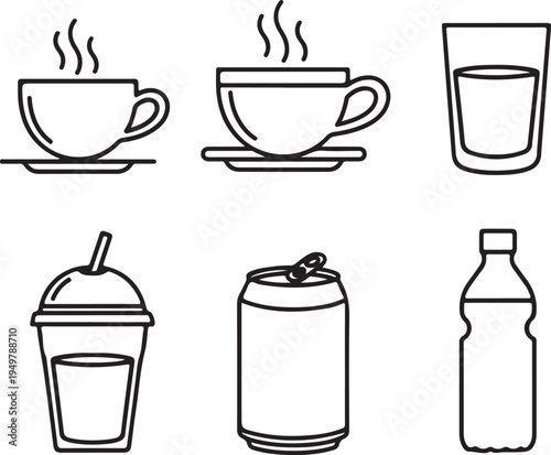 Six common beverages served in various containers and styles
