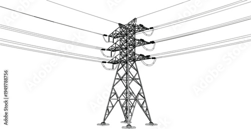 High Voltage Electric Transmission Tower Lattice Structure with Power Lines Illustration for Energy Infrastructure Industrial Engineering and Sustainable Electricity Grid Concept
