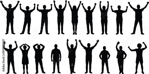 Collection of cheering people silhouettes with raised hands celebrating success, victory and motivation, diverse human figures expressing excitement, achievement and positive energy concept