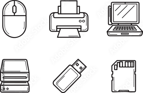 Common computer peripherals and storage devices illustrated in simple icons