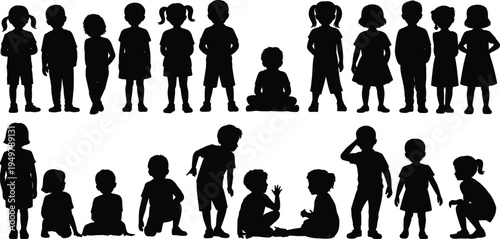 Collection of children silhouettes in different poses standing, sitting and playing, kids character set representing childhood, diversity, education and playful activity concept