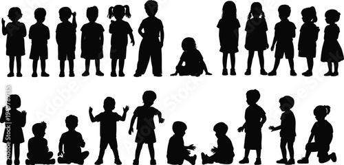 Collection of children silhouettes in different poses standing, sitting and playing, kids character set representing childhood activities, education, diversity and playful lifestyle