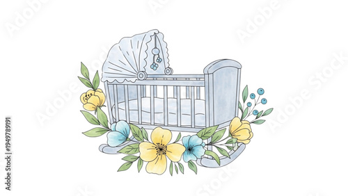 Baby sleeps peacefully in a decorated crib surrounded by flowers and leaves indoors.