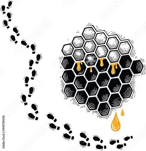 Linocut-style bee footprints trail to honeycomb vector, bold engraved hand-carved texture, pollinator path concept illustration, rustic nature symbol, white background