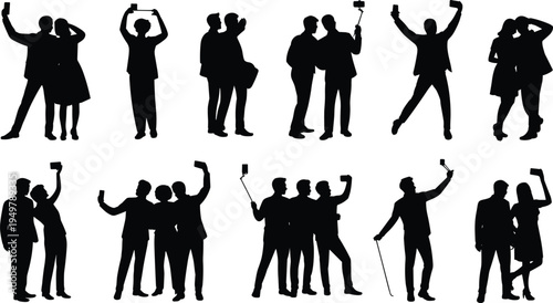Collection of people taking selfies silhouettes using smartphones and selfie sticks, friends and couples capturing moments, social media lifestyle and modern communication concept