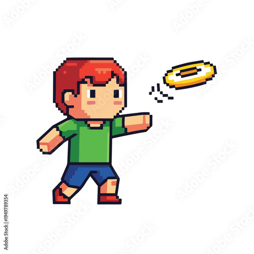Pixel art boy throwing a frisbee outdoors