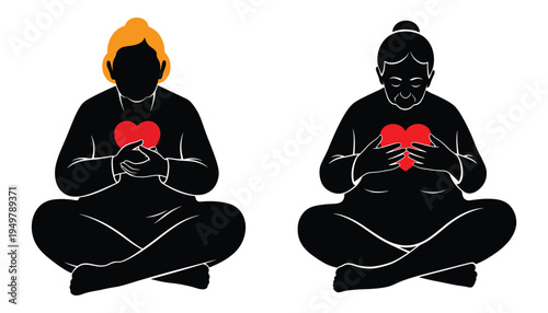 Two women in silhouette hold red hearts close to their chests