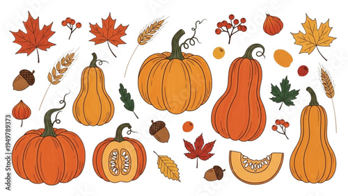 An autumnal arrangement of pumpkins, squash, and leaves with acorns.