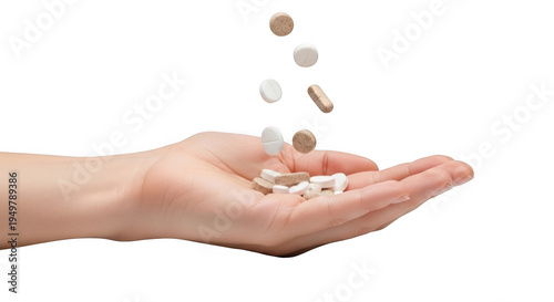 Falling Pills into Open Hand Isolated on Transparent Background