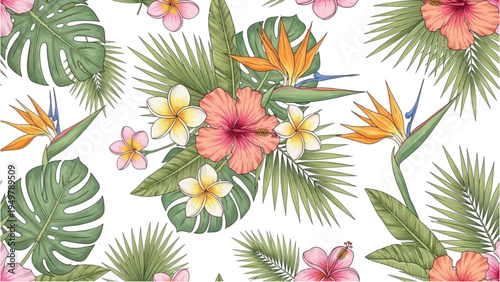 Vibrant tropical flowers and leaves arrangement on white background