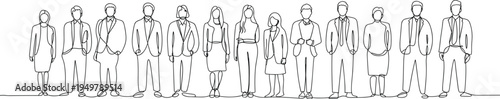 Continuous line drawing of diverse business people standing together, minimal outline illustration representing teamwork, corporate diversity, professional group,