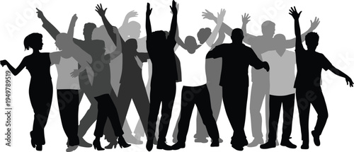 Crowd of dancing people silhouettes celebrating together at party or music festival, energetic group enjoying nightlife, celebration, fun and social gathering concept