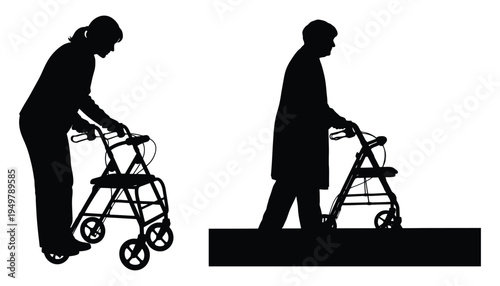 Silhouette of two seniors using walkers representing aging and assisted mobility