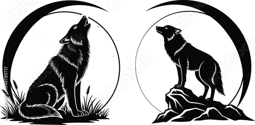 Howling Wolf Silhouette Vector Illustration Set, Wild Predator Standing on Rock under Moon, Wilderness Nature Graphic for Logo Design, Animal.