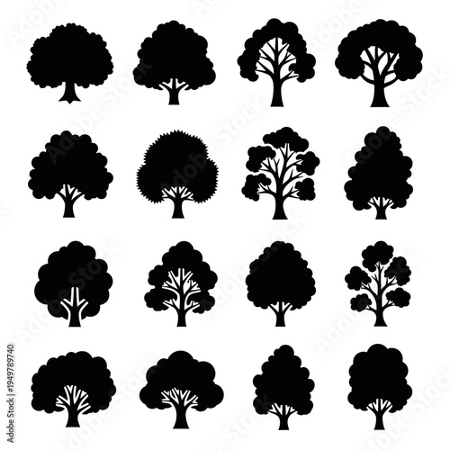 Collection of various tree silhouettes.