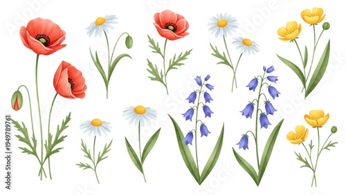 Vibrant flowers bloom in a colorful garden scene with poppies daisies bluebells tulips and leaves.