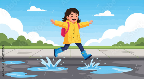 Joyful child in yellow raincoat splashing in puddles on a rainy day