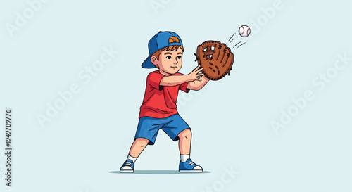 A young boy wearing a cap, red shirt, and blue shorts catches a baseball