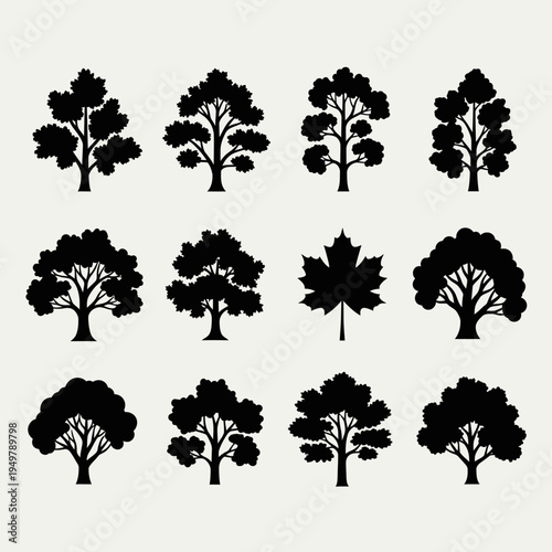 Collection of various tree silhouettes on white background.