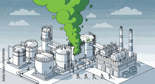 Industrial accident releasing green gas, people fleeing from polluted factory