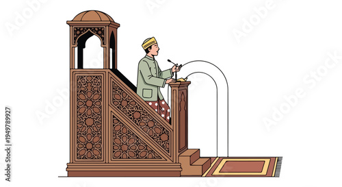 A man in traditional attire stands at a podium delivering a speech, with intricate architectural details