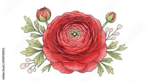 A beautiful red flower with green leaves and small buds is blooming.