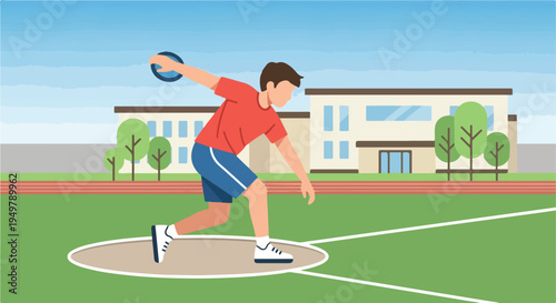 Athlete throwing discus on field with building and track in background