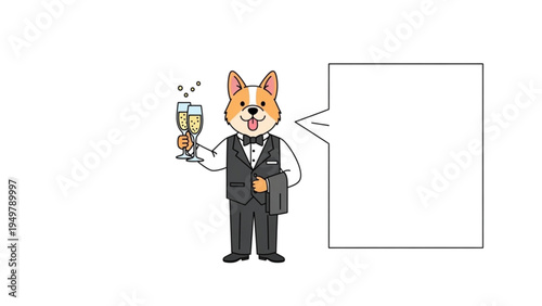 A cartoon fox in a tuxedo holds a champagne glass near a speech bubble indoors.