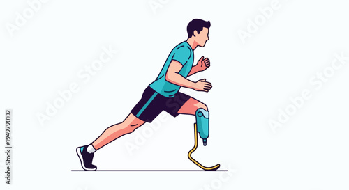 Athlete with prosthetic leg in motion against a white background