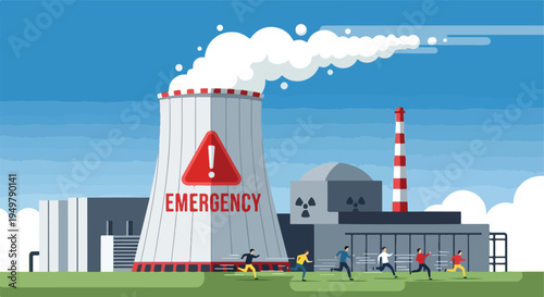 People fleeing a nuclear power plant with an emergency warning