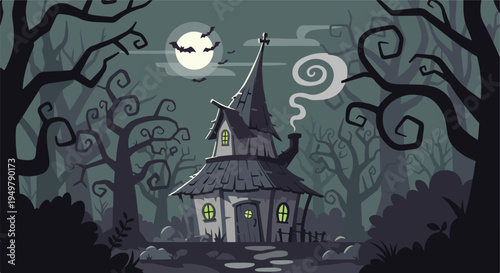 Eerie haunted house under a full moon with bats flying around