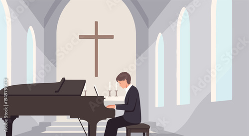 Man in suit plays grand piano in church with cross and candles