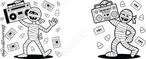 Cute Halloween mummy cartoon characters dancing with boombox and cassette tapes surrounded by candy isolated vector illustration set for spooky party design