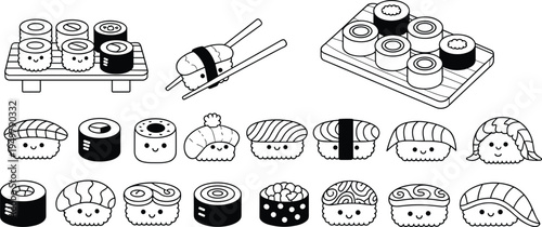 Cute kawaii sushi collection with Japanese food characters including nigiri maki rolls sushi sets and chopsticks isolated vector illustration for menu design