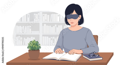 Person with blindfold reading a book on a desk with a plant and another book