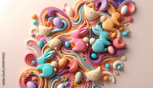 Dreamy abstract bunnies with soft pastel colors and playful shapes for creative design