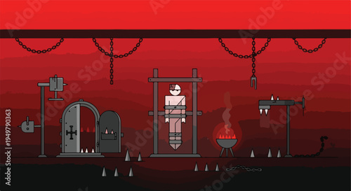 A stark, minimalist scene of torture devices and a bound figure in a hellish red landscape