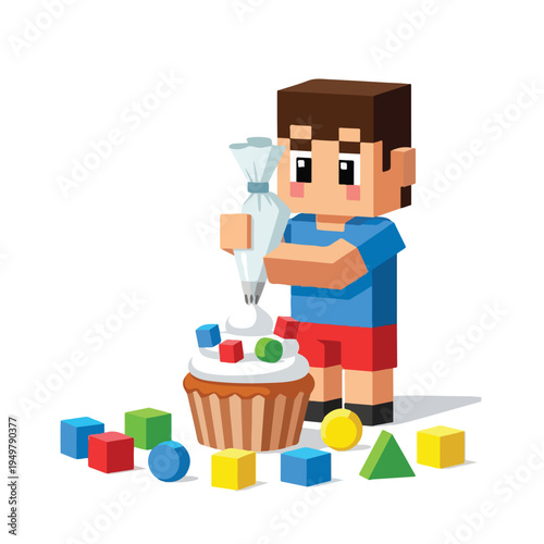 Pixel art boy decorating a cupcake with colorful blocks around