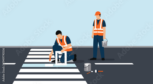 Two workers paint a crosswalk with white stripes on a road