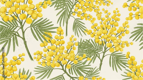 Vibrant yellow flowers and green leaves are arranged beautifully on a patterned surface