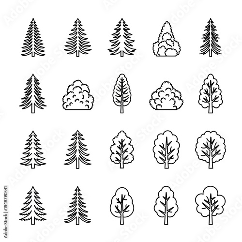 Collection of various tree icons and illustrations.