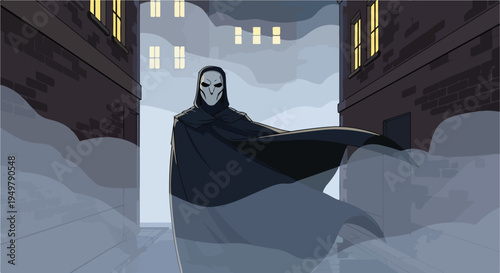 A hooded figure with a mask stands in a foggy alleyway at night