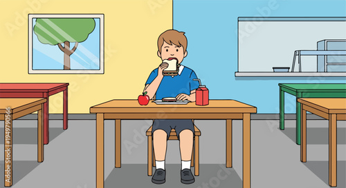A boy enjoys a sandwich and apple in a bright, modern cafeteria setting