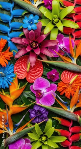 A close-up display of diverse, brightly colored tropical flora creating a beautiful tapestry of organized natural energy and vivid aesthetic, $