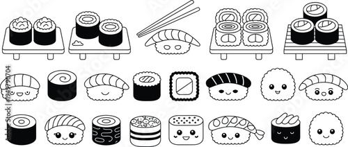Cute sushi collection with kawaii Japanese food characters including nigiri maki rolls shrimp sushi chopsticks isolated vector illustration set for menu design
