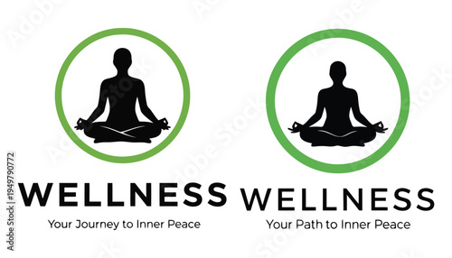 Two silhouettes of people meditating within green circles with the word wellness