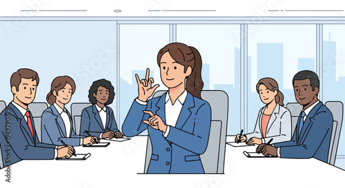 Diverse group in business meeting, one signing with hands