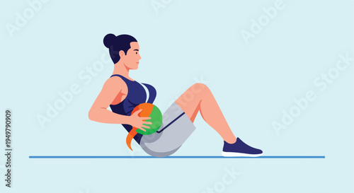 Fit woman sits on floor holding a colorful exercise ball, performing workout