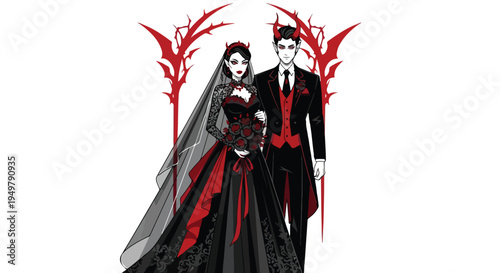 A gothic bridal couple in elegant dark attire with horns and thorny accents